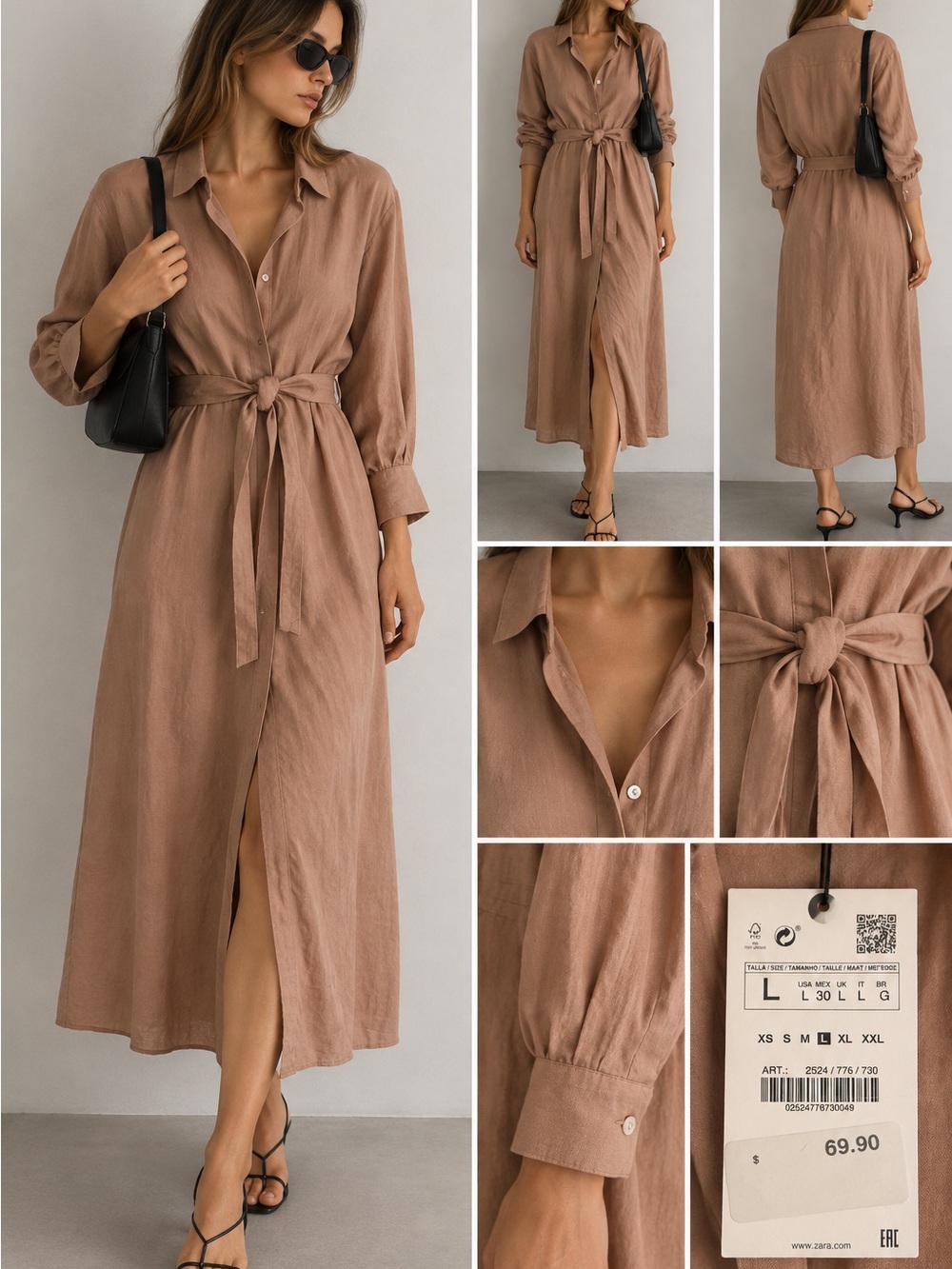 Zara Taupe Maxi Shirt Dress with Tie Waist